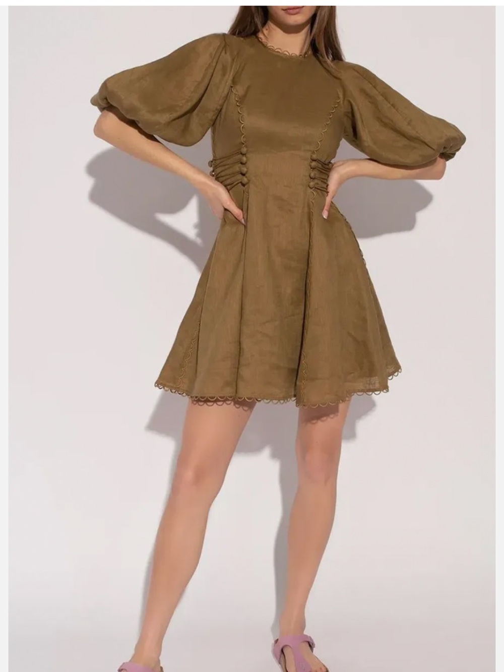 Zimmermann Olive Green Rosa Mini Dress Lace Trim Size 1